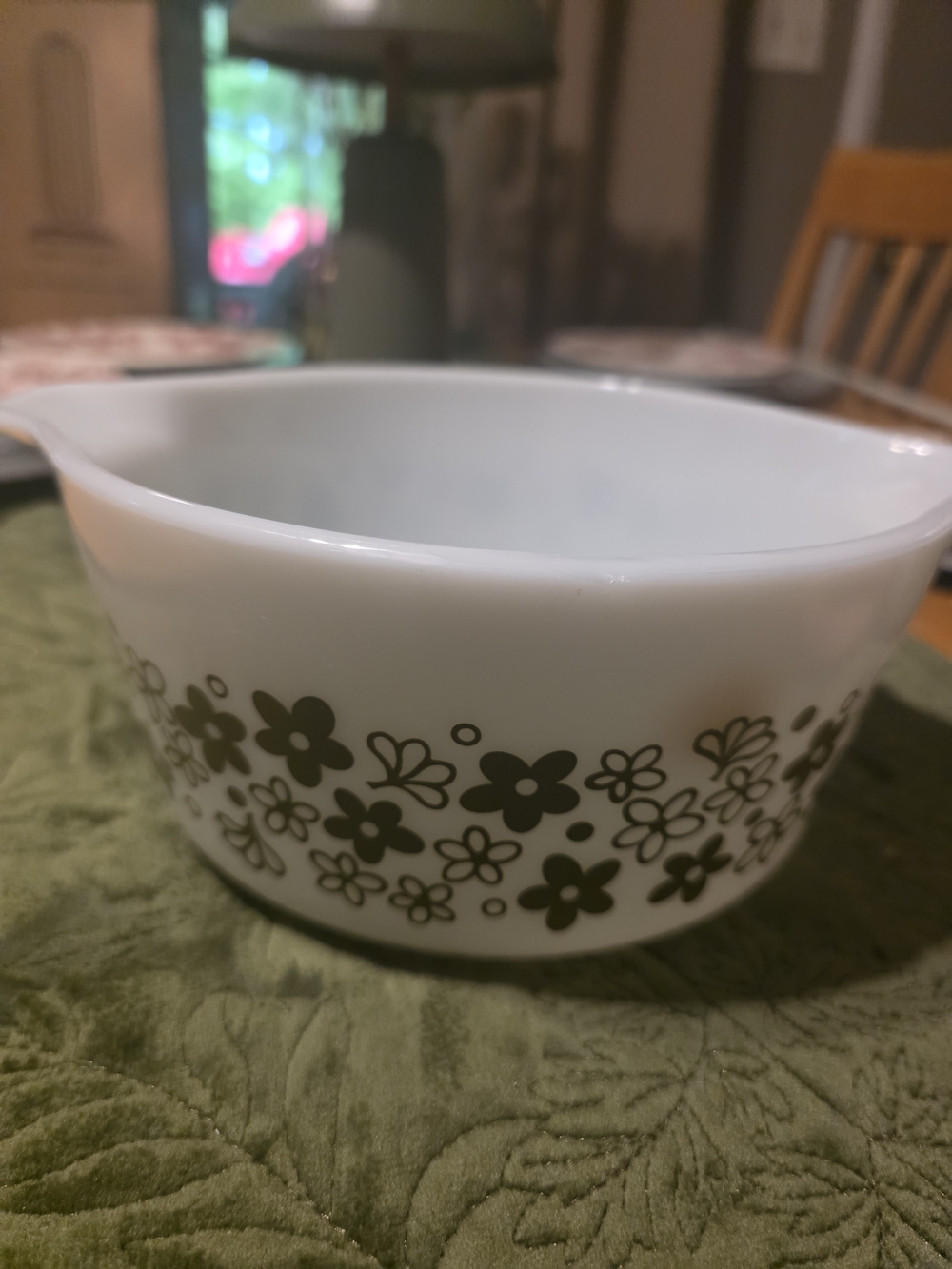 Vintage Pyrex White Milk Glass Bowl with Olive Green Floral Border